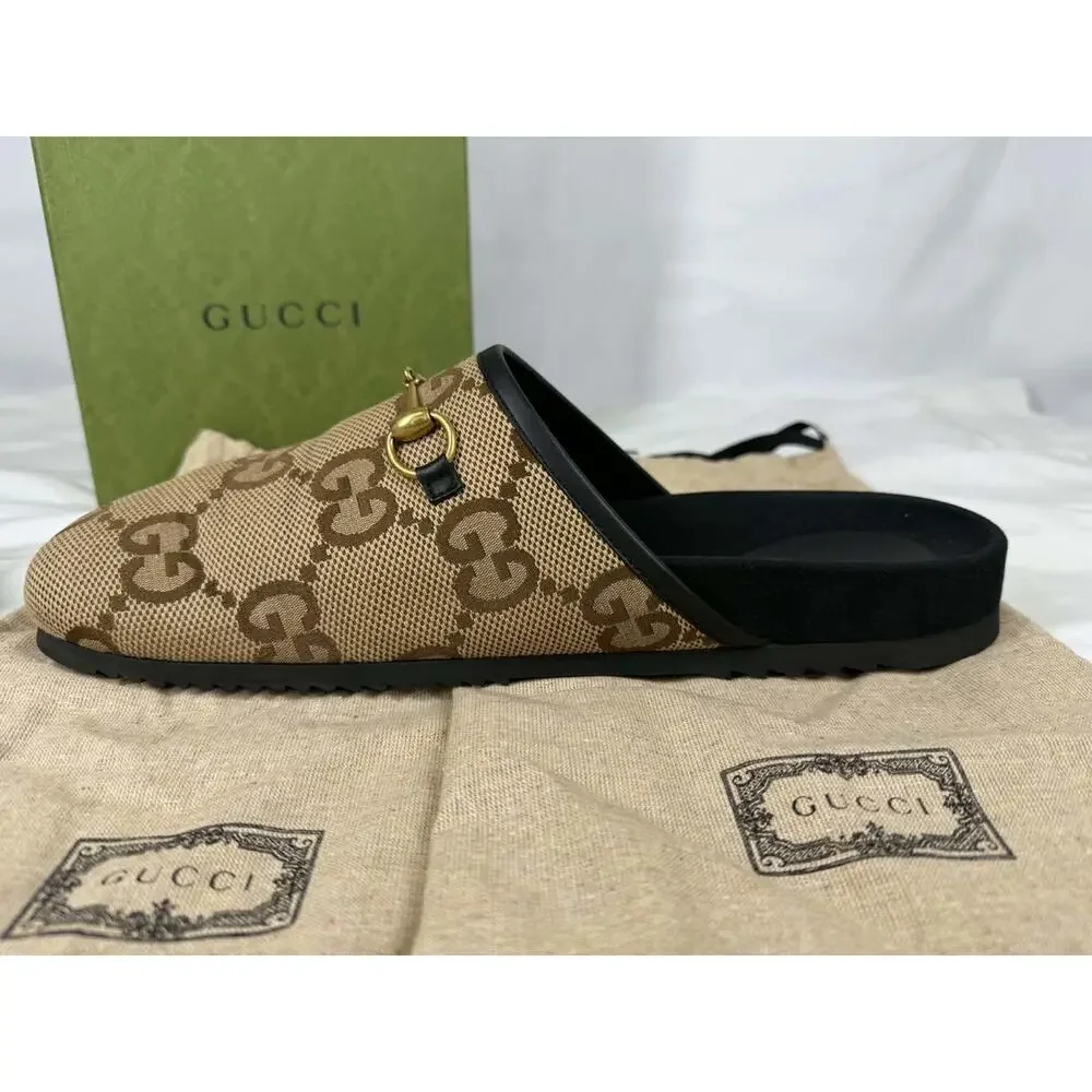 Gucci GG Supreme Maxi Horsebit Mules Canvas Slippers US 13.5 SPB-TS 371578